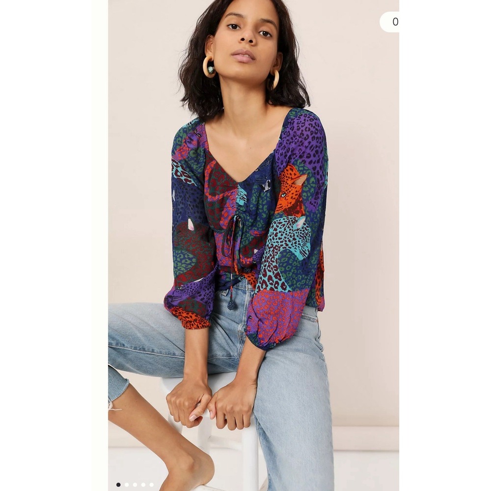 Farm Rio Katalina Anthropologie Blouse Big Cat Jaguar PRINT Multicolor Sz M